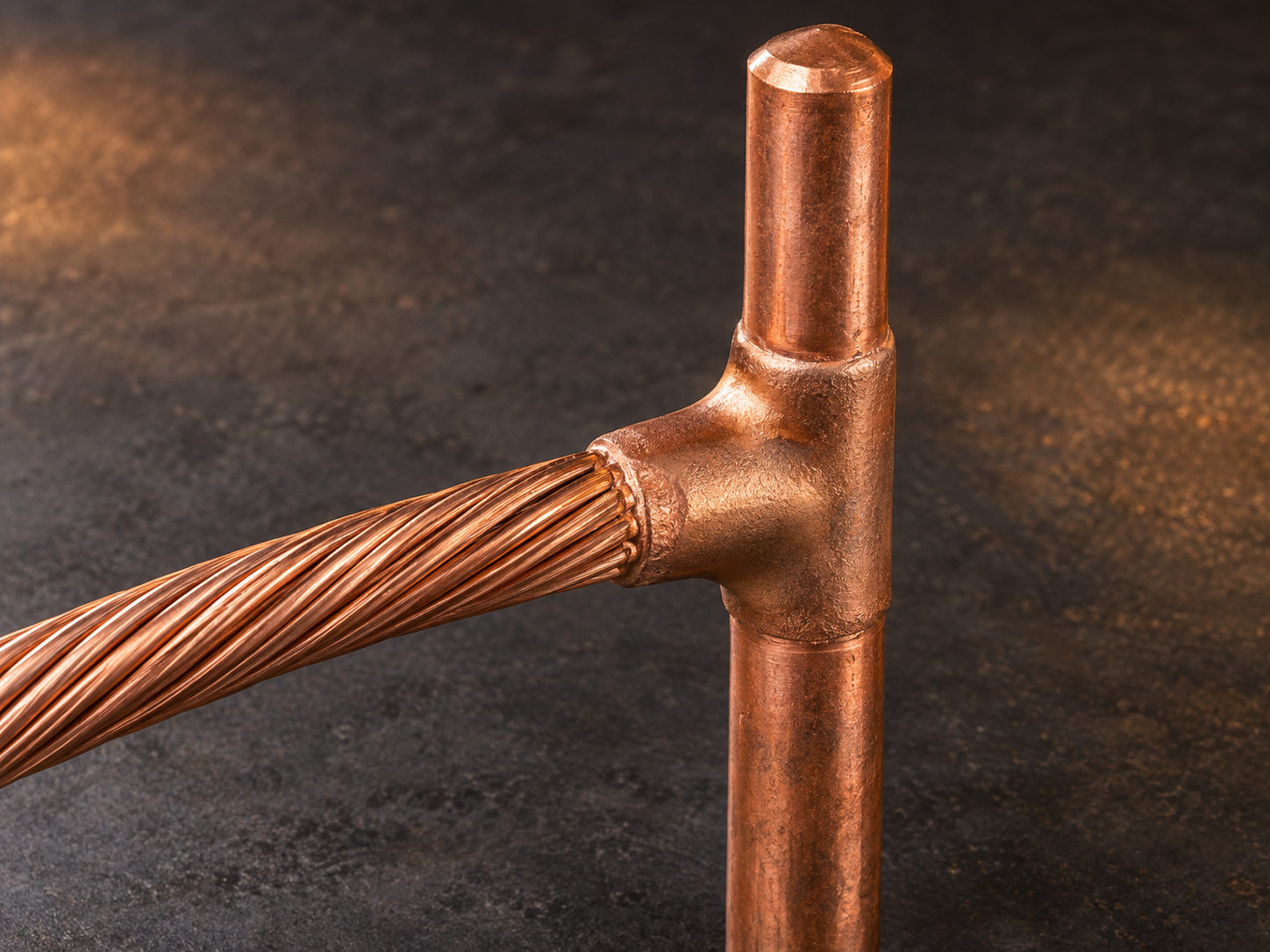Completed exothermic weld joining a stranded copper cable to a copper ground rod for South Africa projects